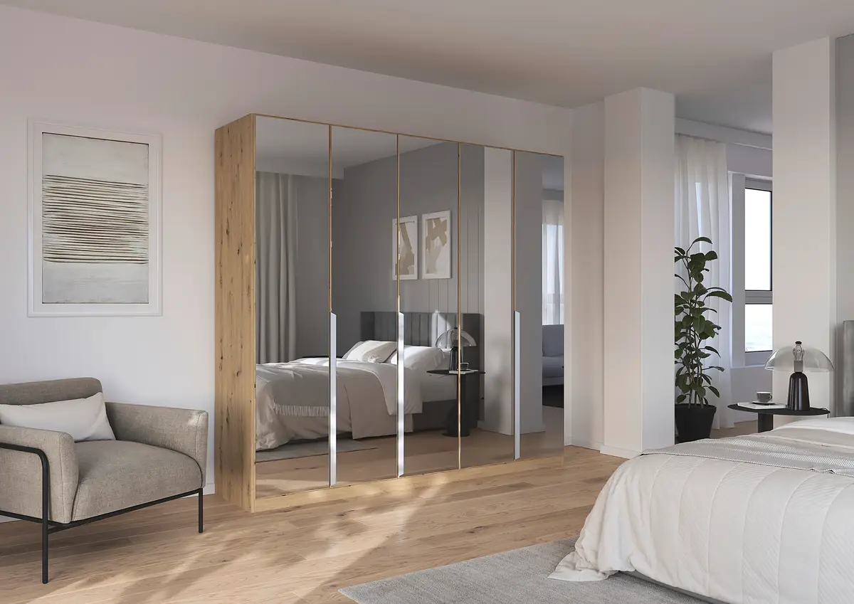 Drehtürenschrank Quadra mit Spiegelfront 226cm | Holztöne
