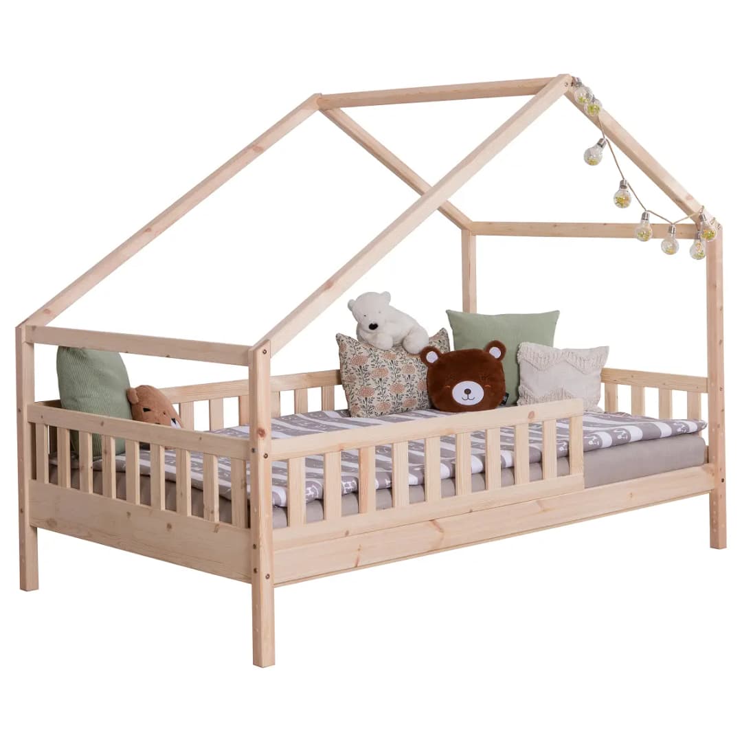 TiCAA Massives Hausbett Lou 120 x 200cm mit Lattenrost & Matratze