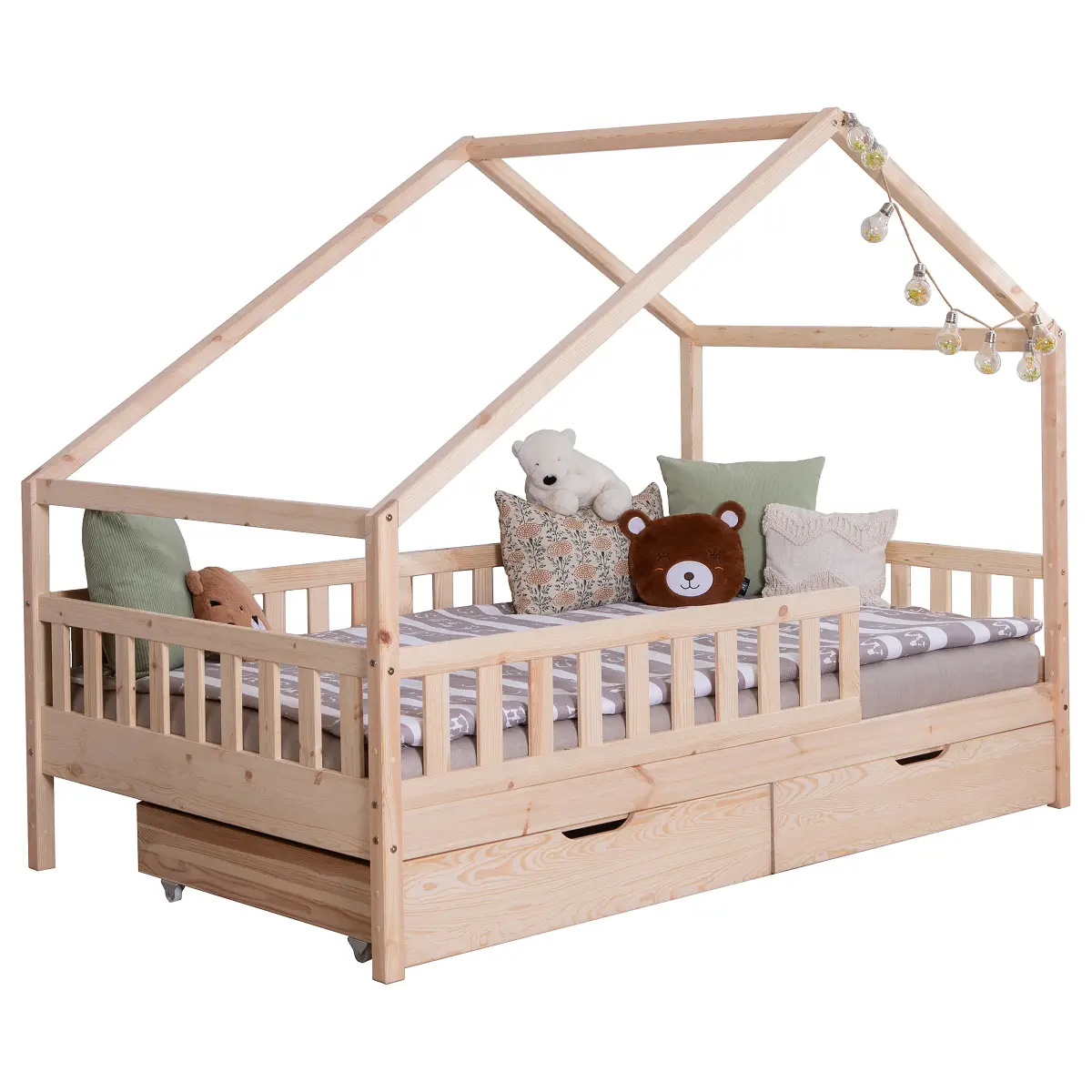 TiCAA Massives Hausbett Lou mit Schublade 120 x 200cm mit Lattenrost