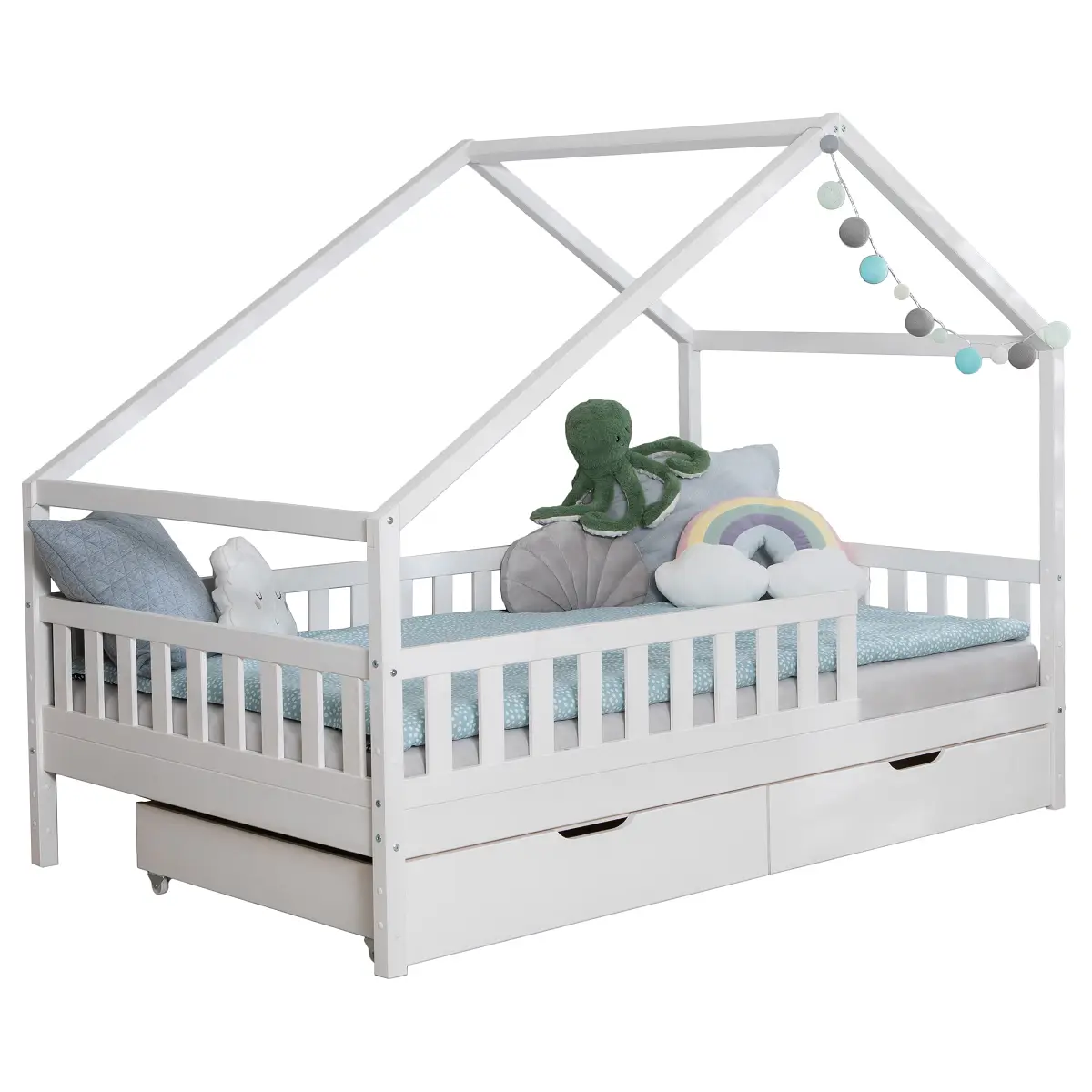 TiCAA Massives Hausbett Lou mit Schublade 120 x 200cm mit Lattenrost