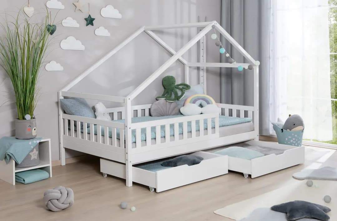 TiCAA Massives Hausbett Lou mit Schublade 120 x 200cm mit Lattenrost