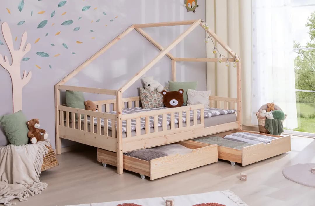 TiCAA Massives Hausbett Lou mit Schublade 140 x 200cm | Holztöne