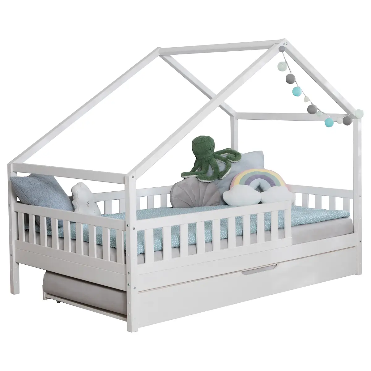 TiCAA Massives Hausbett Lou mit Zusatzbett 140 x 200cm mit Lattenrost