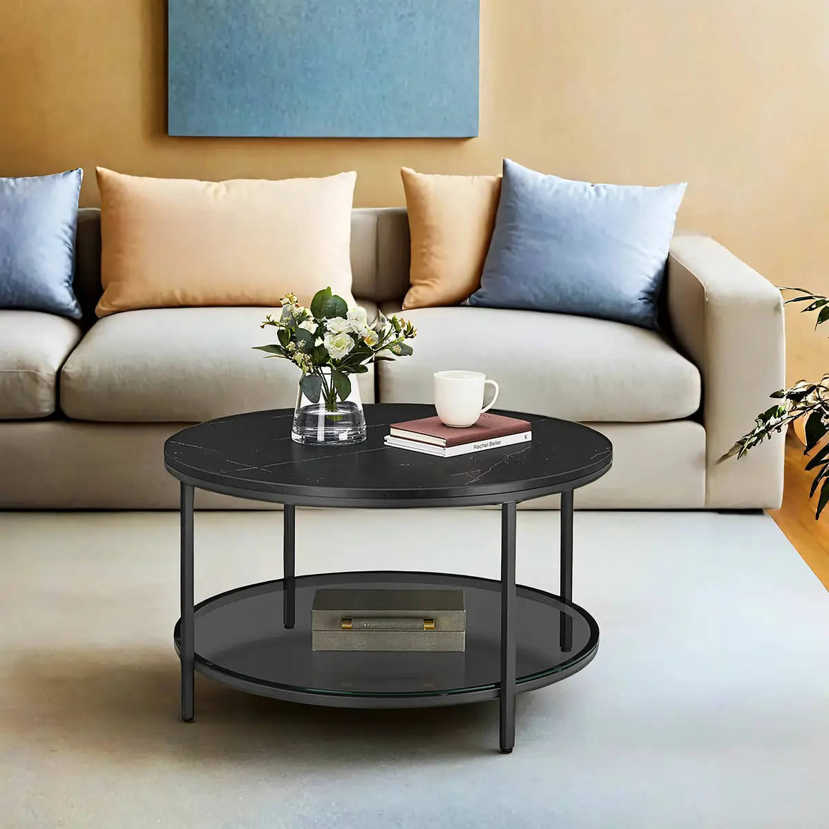 Fredriks Couchtisch Chongu Ø 80cm Schwarz/Marmor Schwarz Dekor