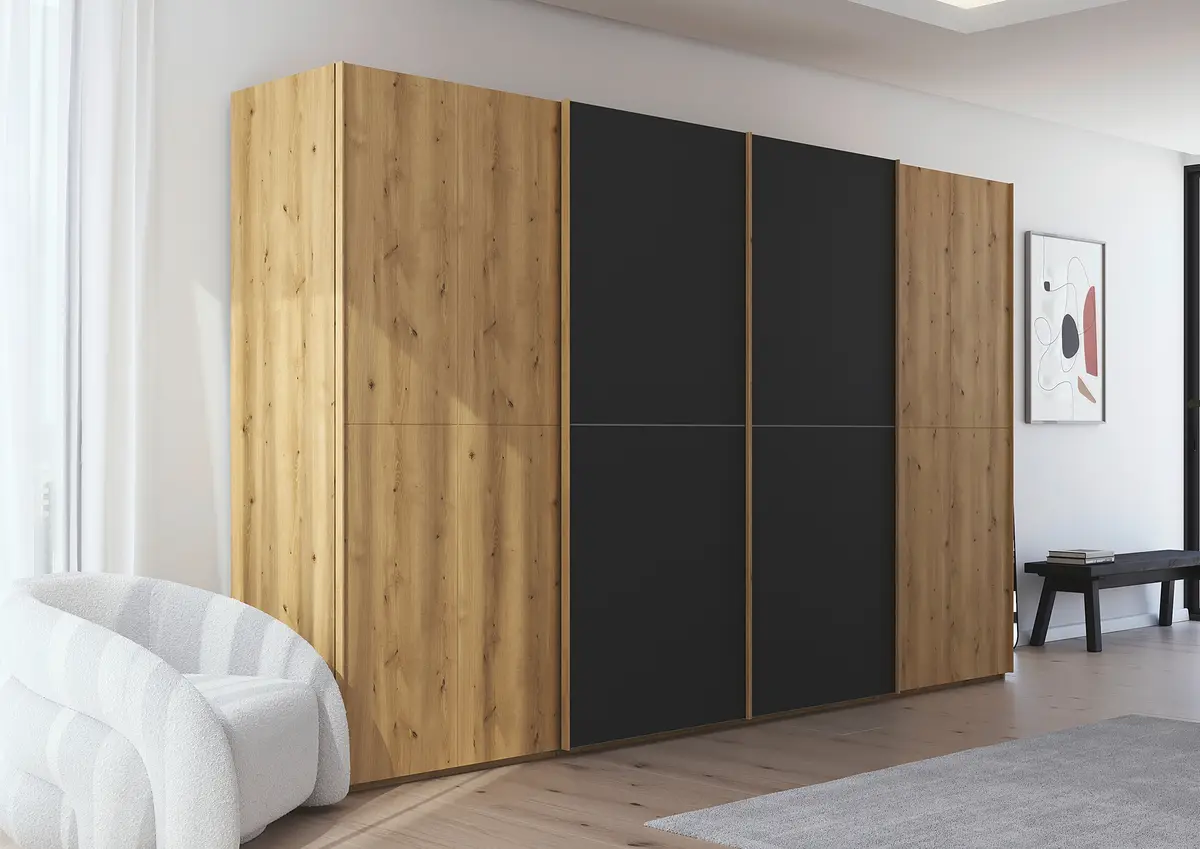rauch Black Schwebetürenschrank Scale mit Glas Matt 360cm | Schwarz
