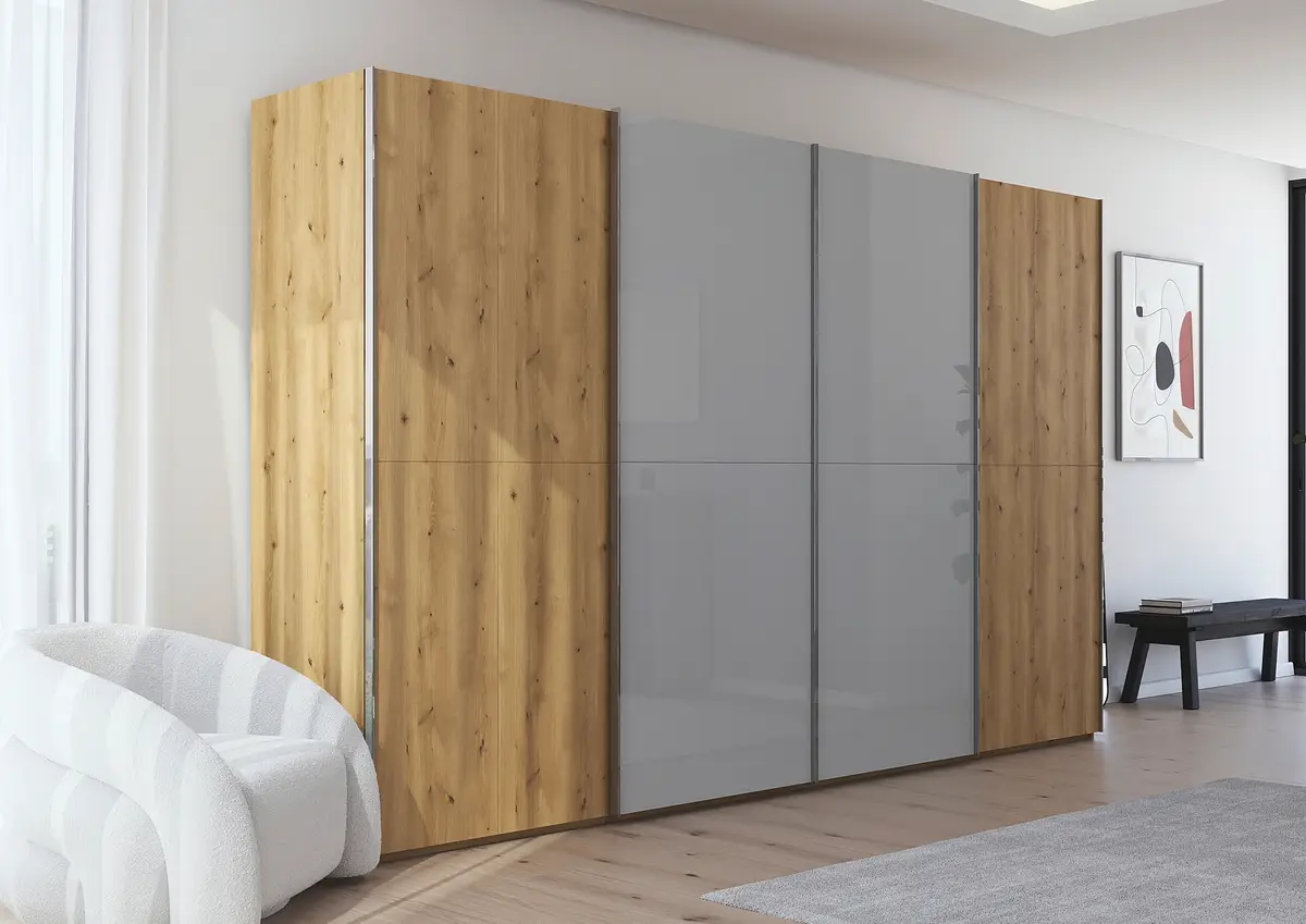 rauch Schwebetürenschrank Scale mit Glas 360cm Holz/Grau/Seidengrau