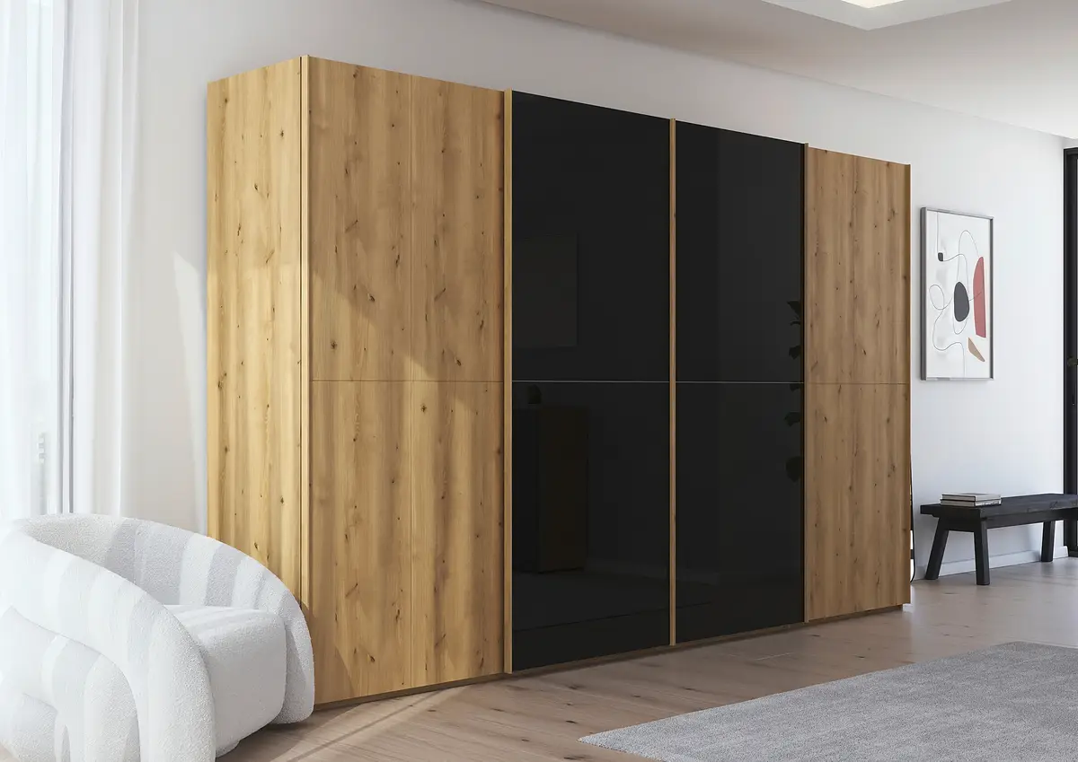 rauch Black Schwebetürenschrank Scale mit Glas 360cm | Schwarz