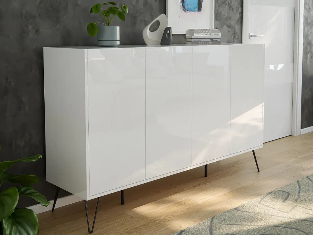 Sideboard Industrial mit Türen 94cm Weiß/Hochglanz Weiß | Weiß