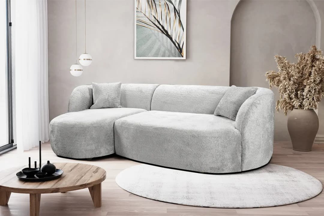 Fredriks Ecksofa mit Longchair Grau Bouclé Stoff Eudora | Grau