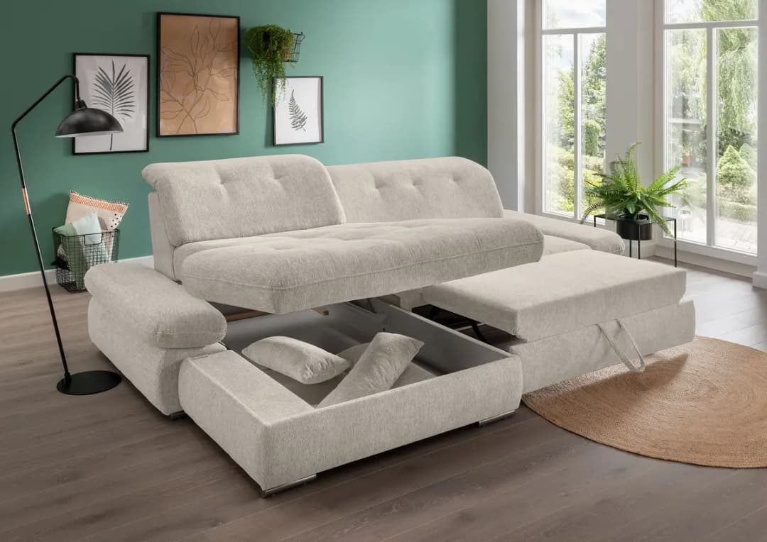 Fredriks Ecksofa mit Schlaffunktion Beige Webstoff Venka | Beige