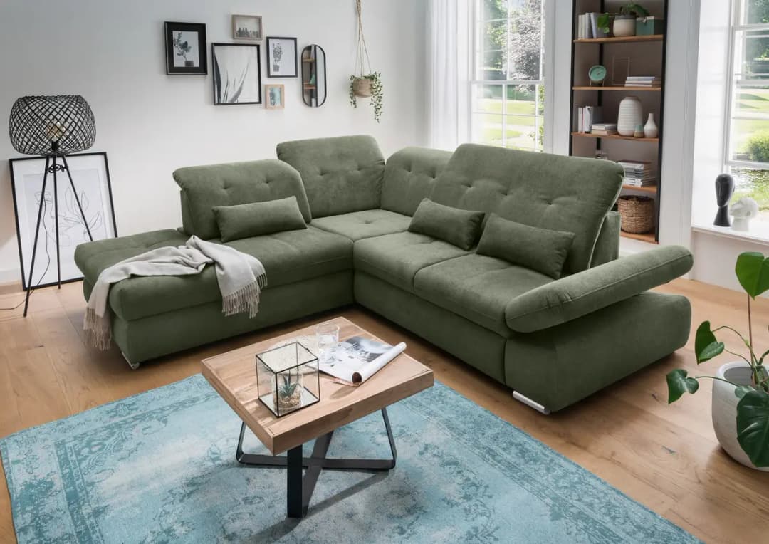 Fredriks Ecksofa mit Ottomane & Funktion Grün Webstoff Jimin | Grün