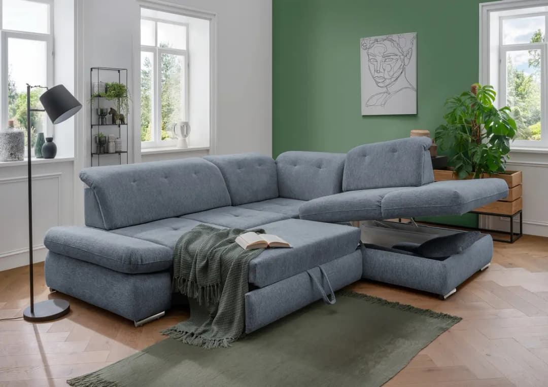 Fredriks Ecksofa mit Ottomane & Funktion Blau Webstoff Venka | Blau