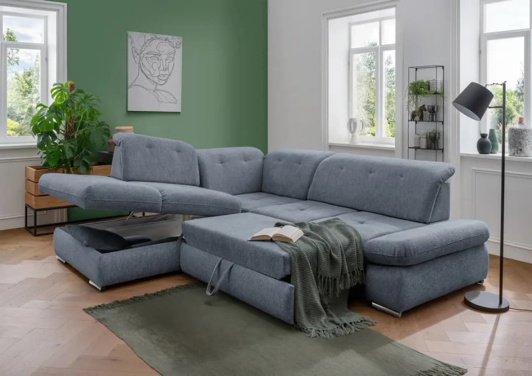 Fredriks Ecksofa mit Ottomane & Funktion Blau Webstoff Venka | Blau