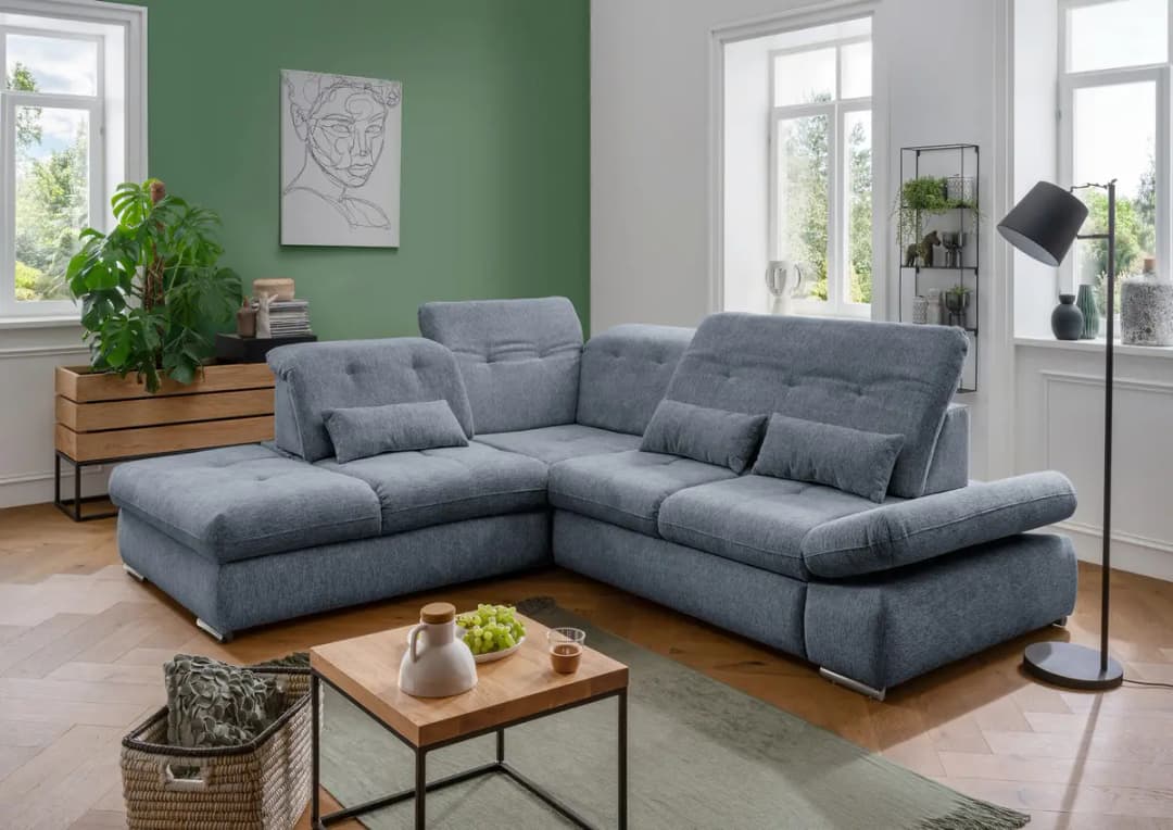 Fredriks Ecksofa mit Ottomane & Funktion Blau Webstoff Venka | Blau