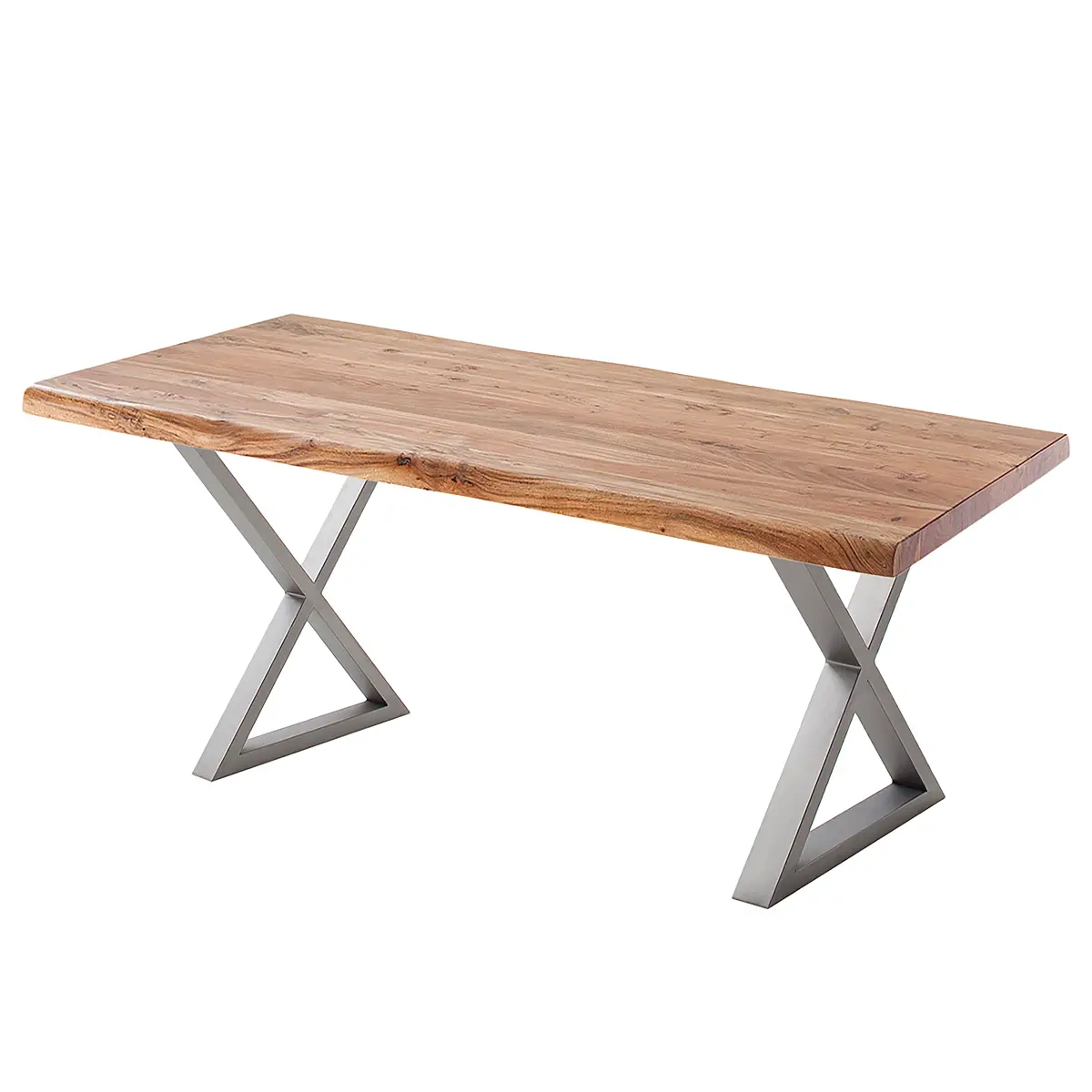 Massiver Baumkanten-Schreibtisch 140cm Braun/Akazie Braun X-Form