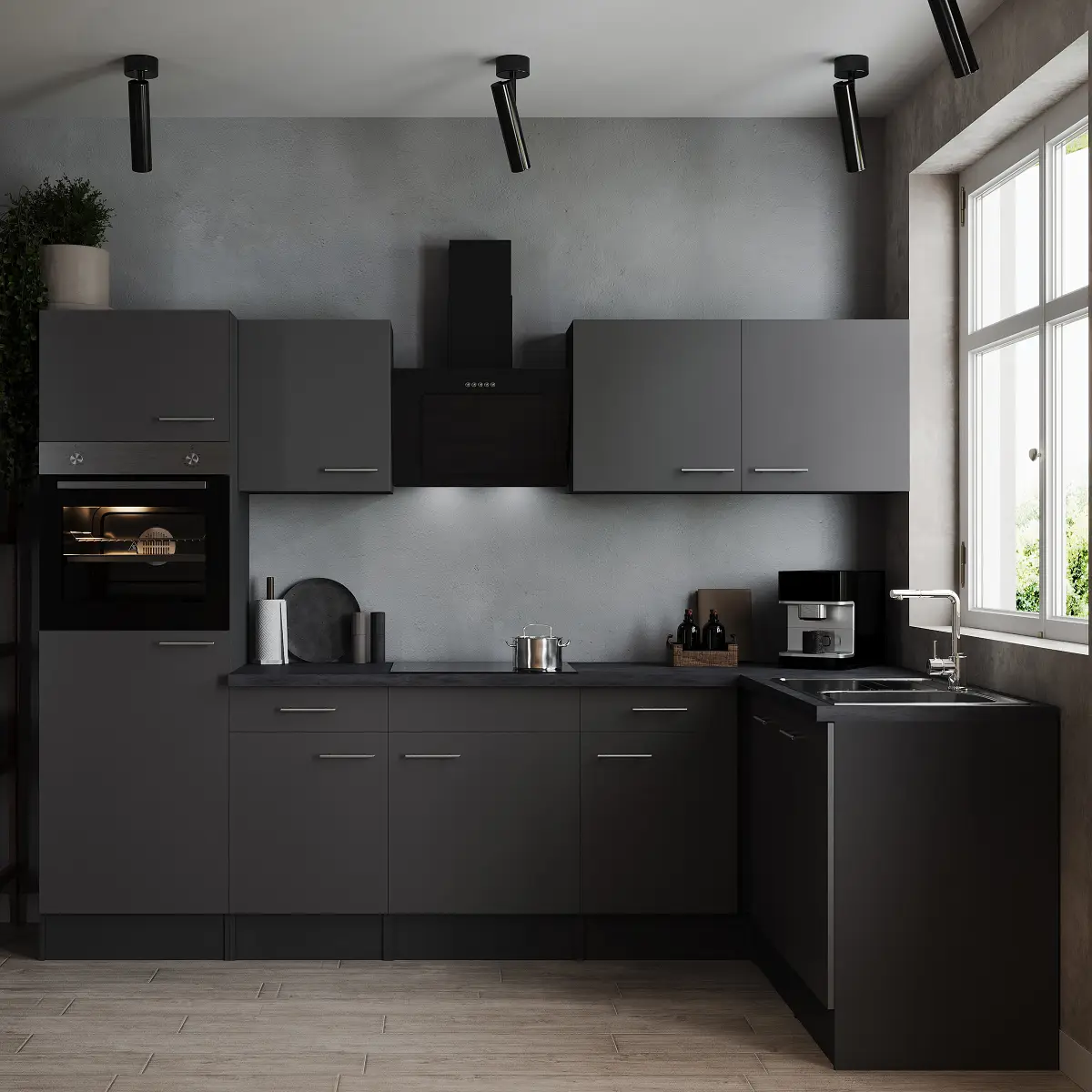 Respekta Eck-Küchenzeile Oliver 280 cm mit Elektrogeräten | Grau