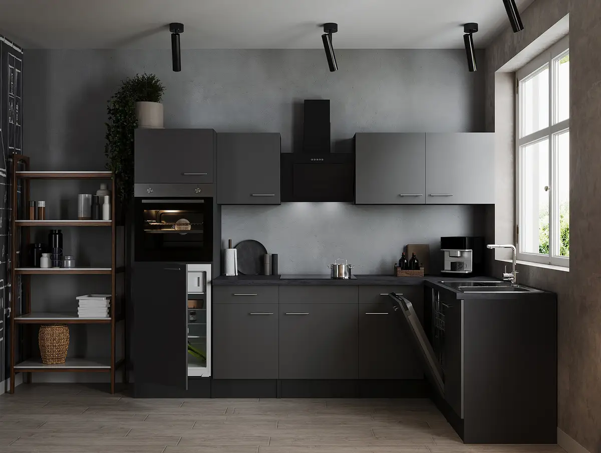 Respekta Eck-Küchenzeile Oliver 280 cm mit Elektrogeräten | Grau