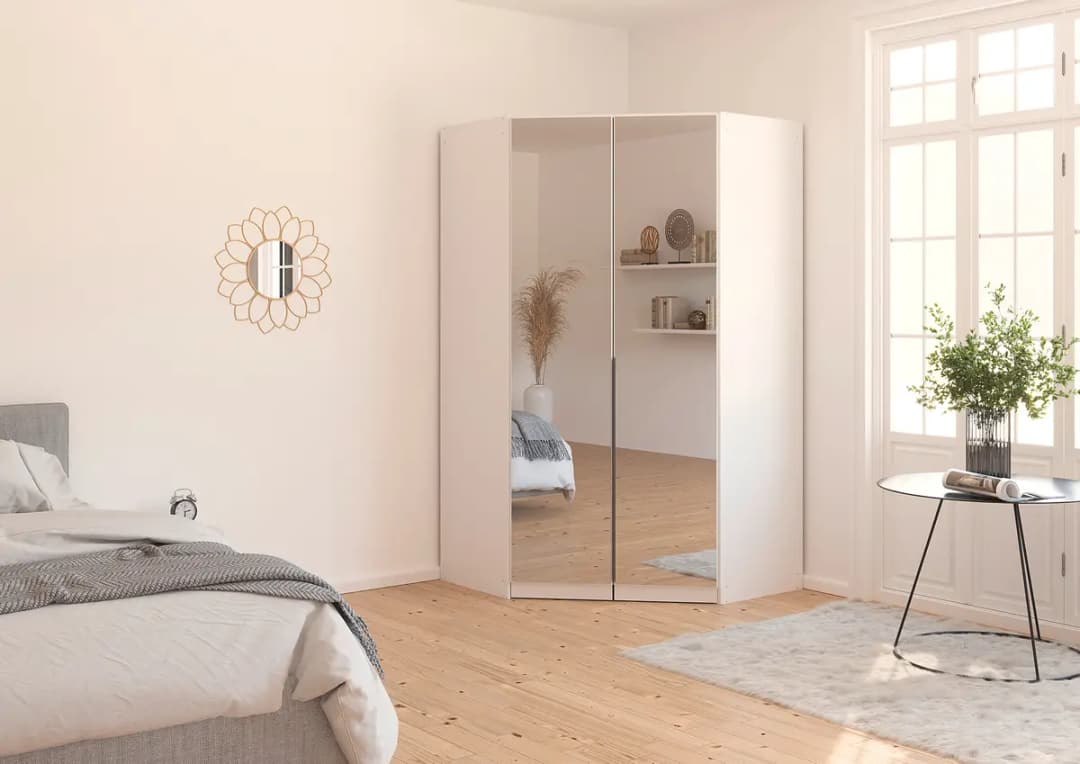 Eckschrank Alabama Typ A 229cm Weiß/Alpinweiß Grau mit Spiegeltür/-en