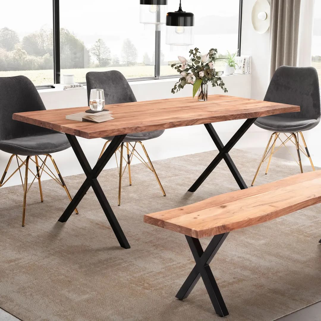 Naturoo Massiver Esszimmertisch Rebaya 160 x 80cm Braun X-Form Schwarz
