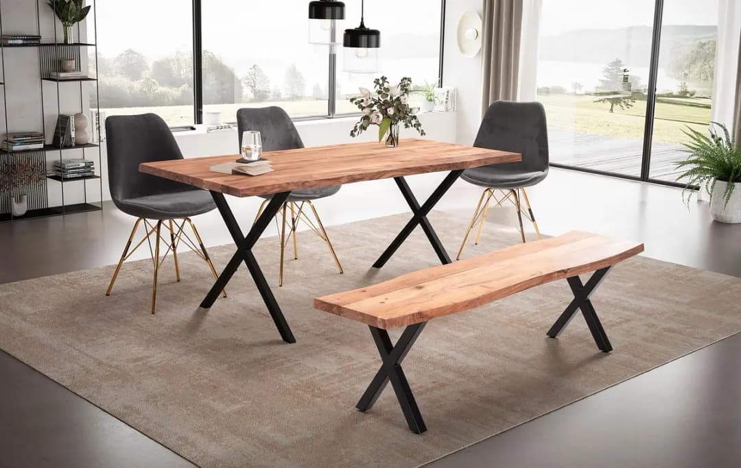 Naturoo Massiver Esszimmertisch Rebaya 160 x 80cm Braun X-Form Schwarz
