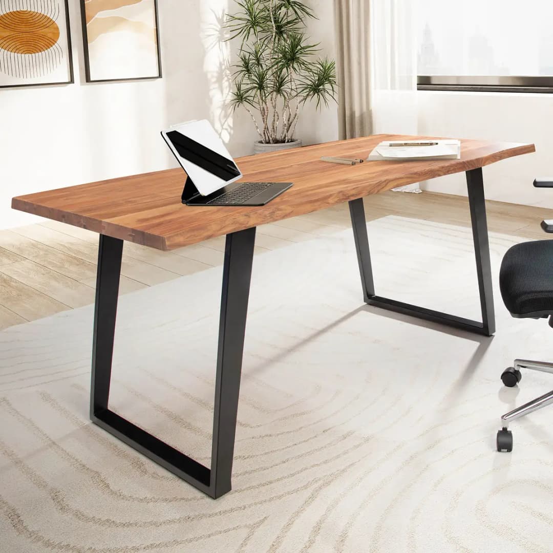 Naturoo Massiver Schreibtisch Rebaya 120 x 60cm Braun U-Form Schwarz