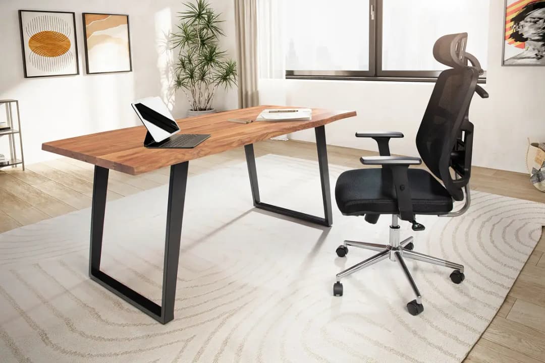 Naturoo Massiver Schreibtisch Rebaya 120 x 60cm Braun U-Form Schwarz