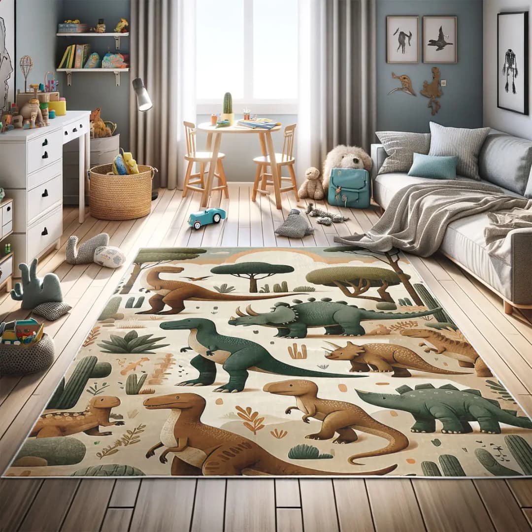 Kurzflorteppich Dinosaurier Multicolor 122 x 170cm Polyester