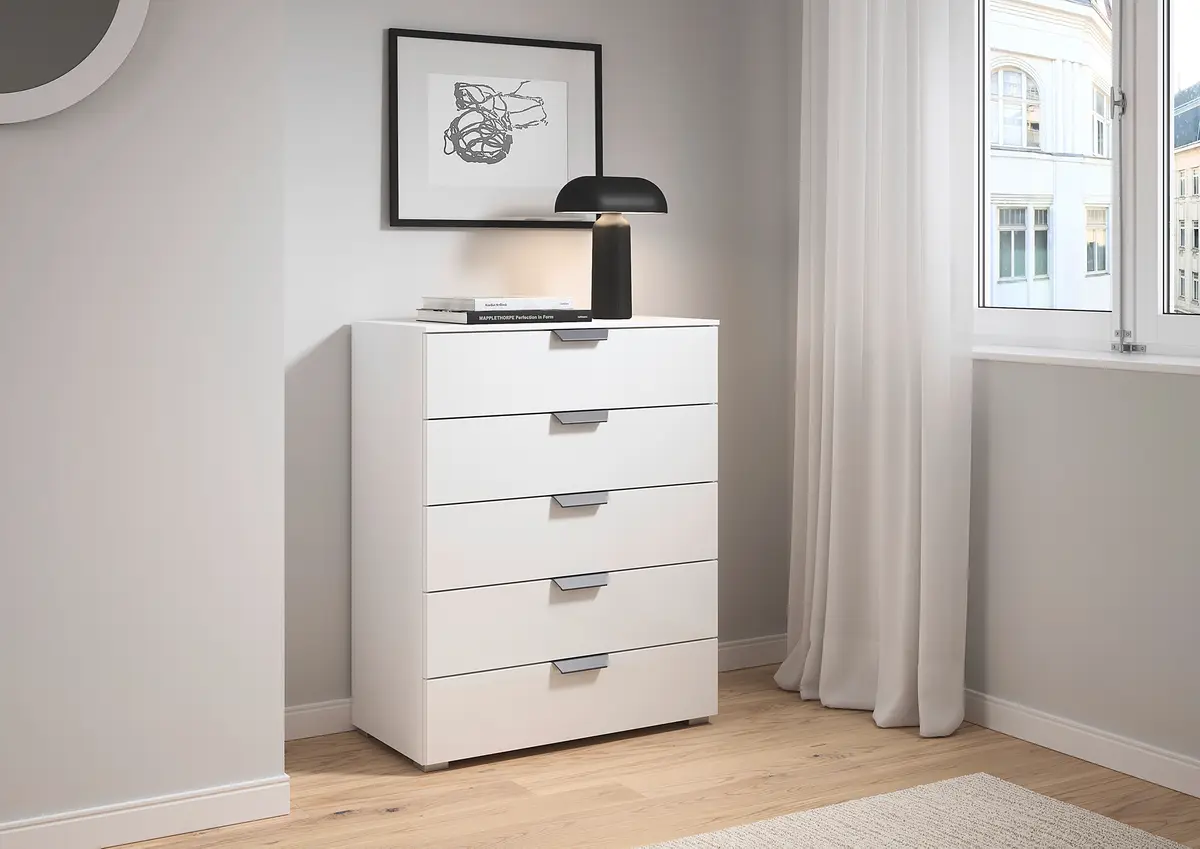 rauch Orange Kommode Aditio mit 5 Schubladen 80cm Weiß/Glas Weiß/Weiß
