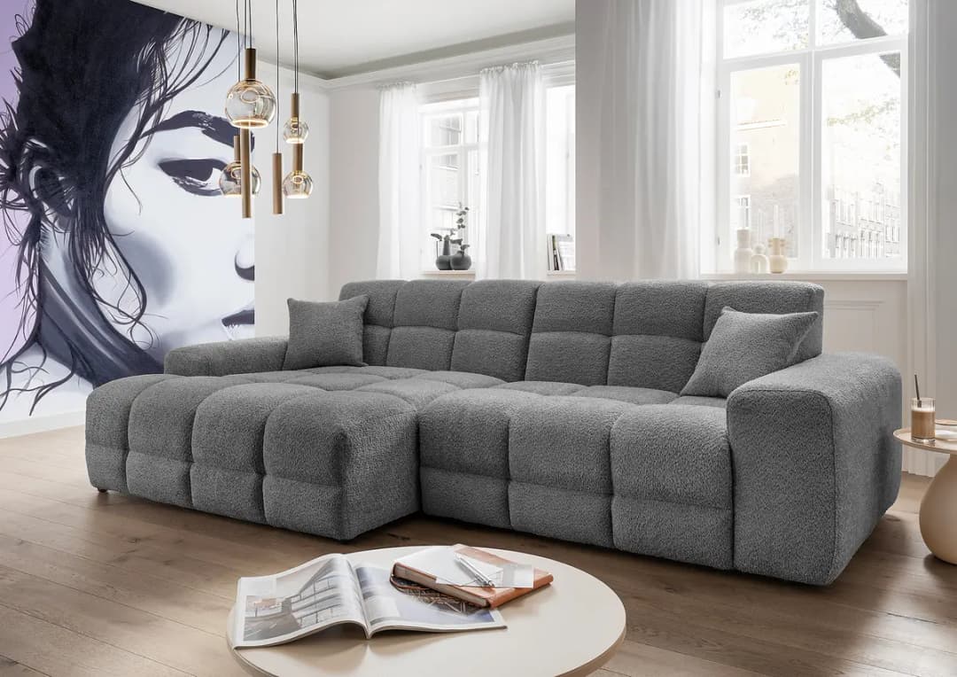 Ecksofa mit Longchair Grau Bouclé Stoff Zofie | Grau