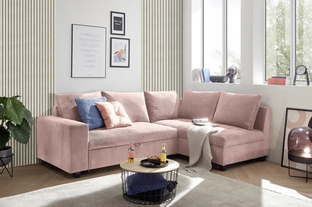 Ecksofa mit Schlaffunktion Pink Cordstoff Zuri | Pink