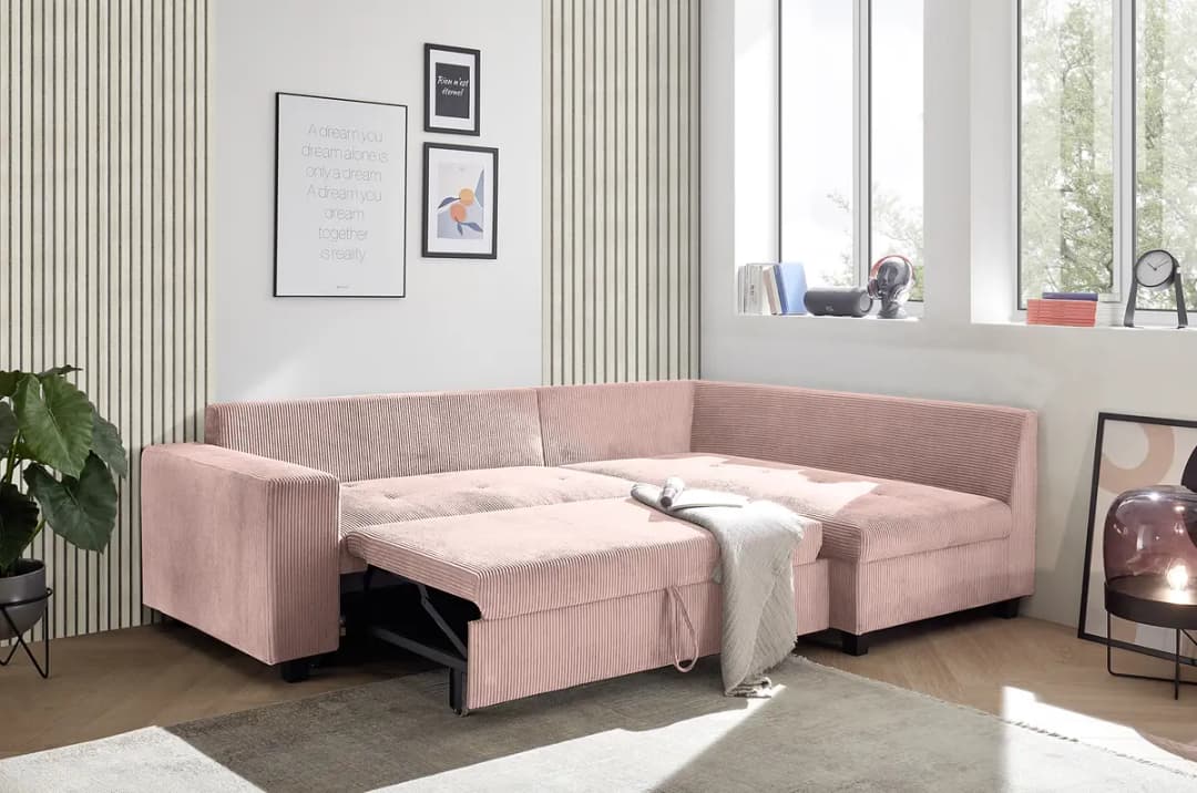 Ecksofa mit Schlaffunktion Pink Cordstoff Zuri | Pink