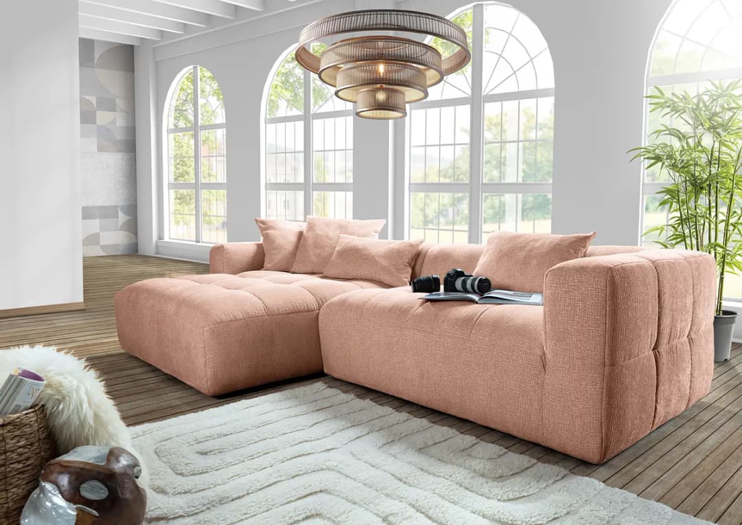 Ecksofa mit Longchair Pink Strukturstoff Bianda | Rosa