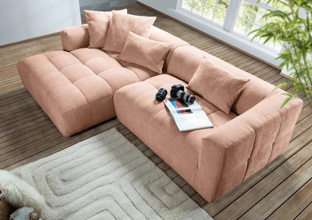 Ecksofa mit Longchair Pink Strukturstoff Bianda | Rosa