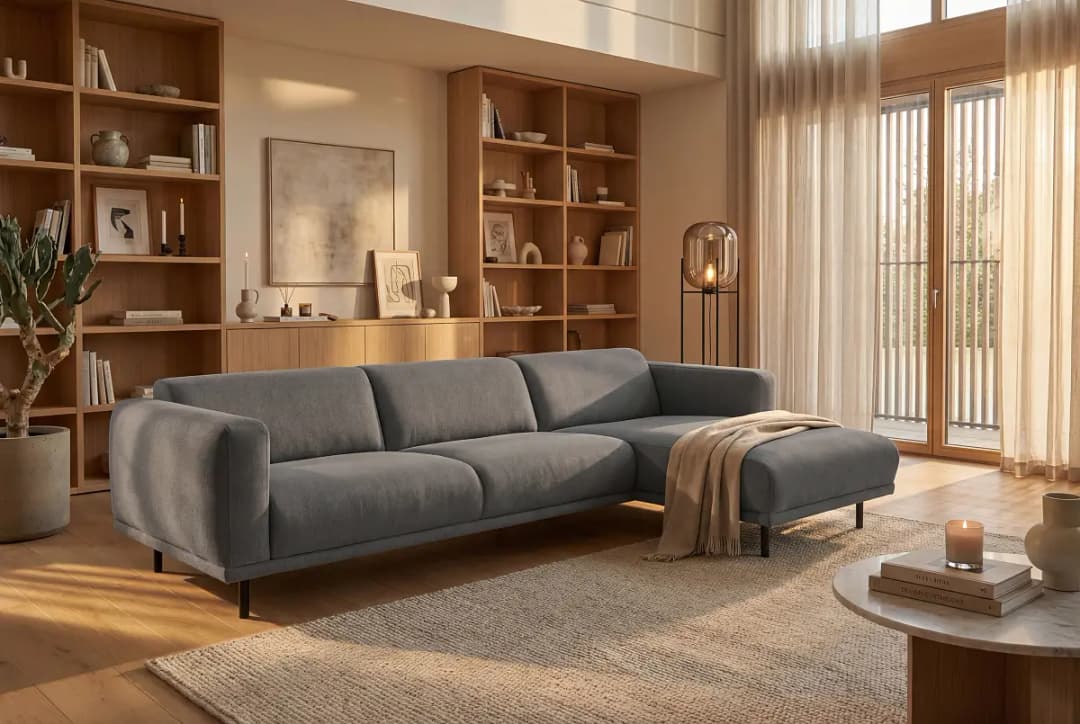 Studio Copenhagen Ecksofa mit Longchair Grau Webstoff Palmira | Grau