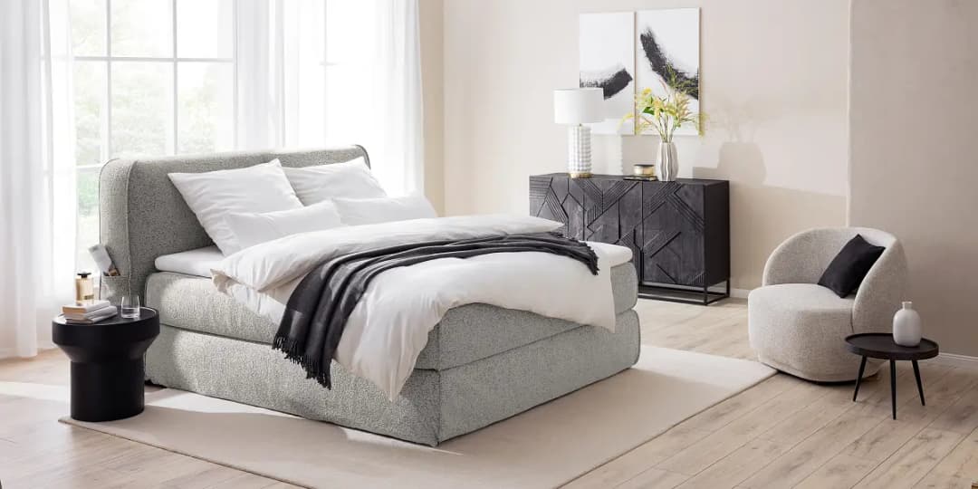 Premium Boxspringbett 200 x 200cm Strukturstoff Purna | Grau
