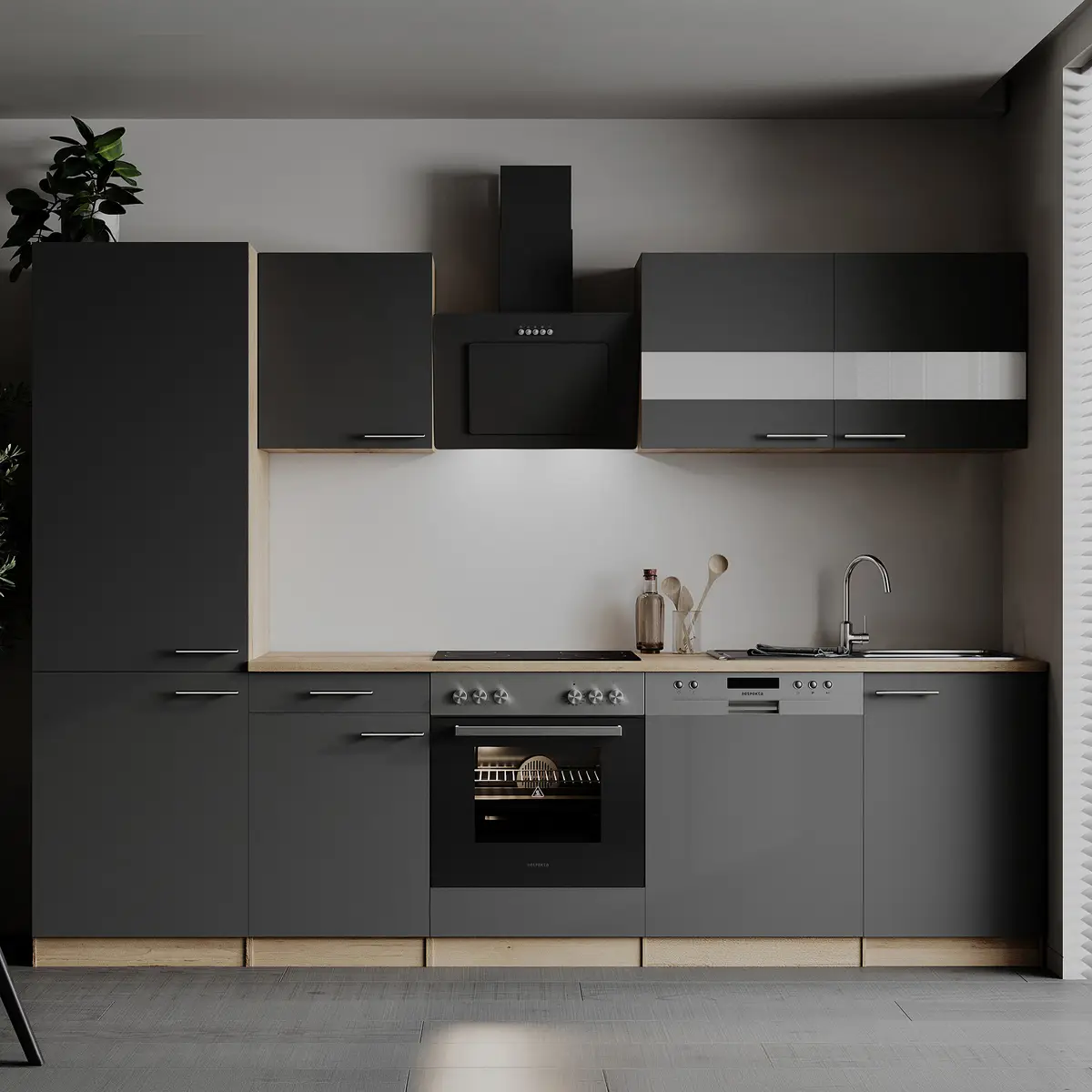 Küchenzeile Merle V 280cm Grau/Grau Glaskeramik mit Elektrogeräten