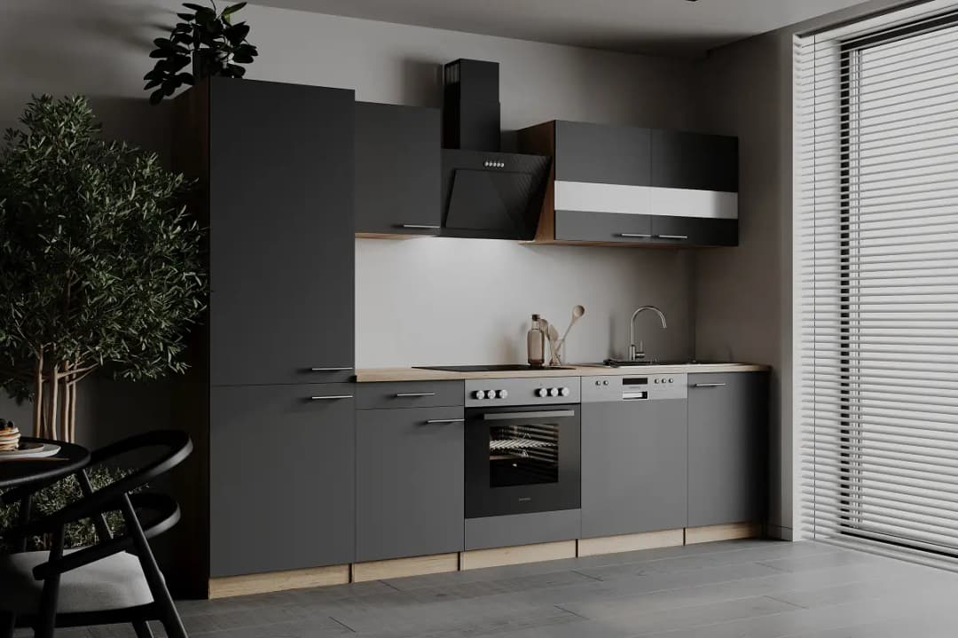 Küchenzeile Merle V 280cm Grau/Grau Glaskeramik mit Elektrogeräten