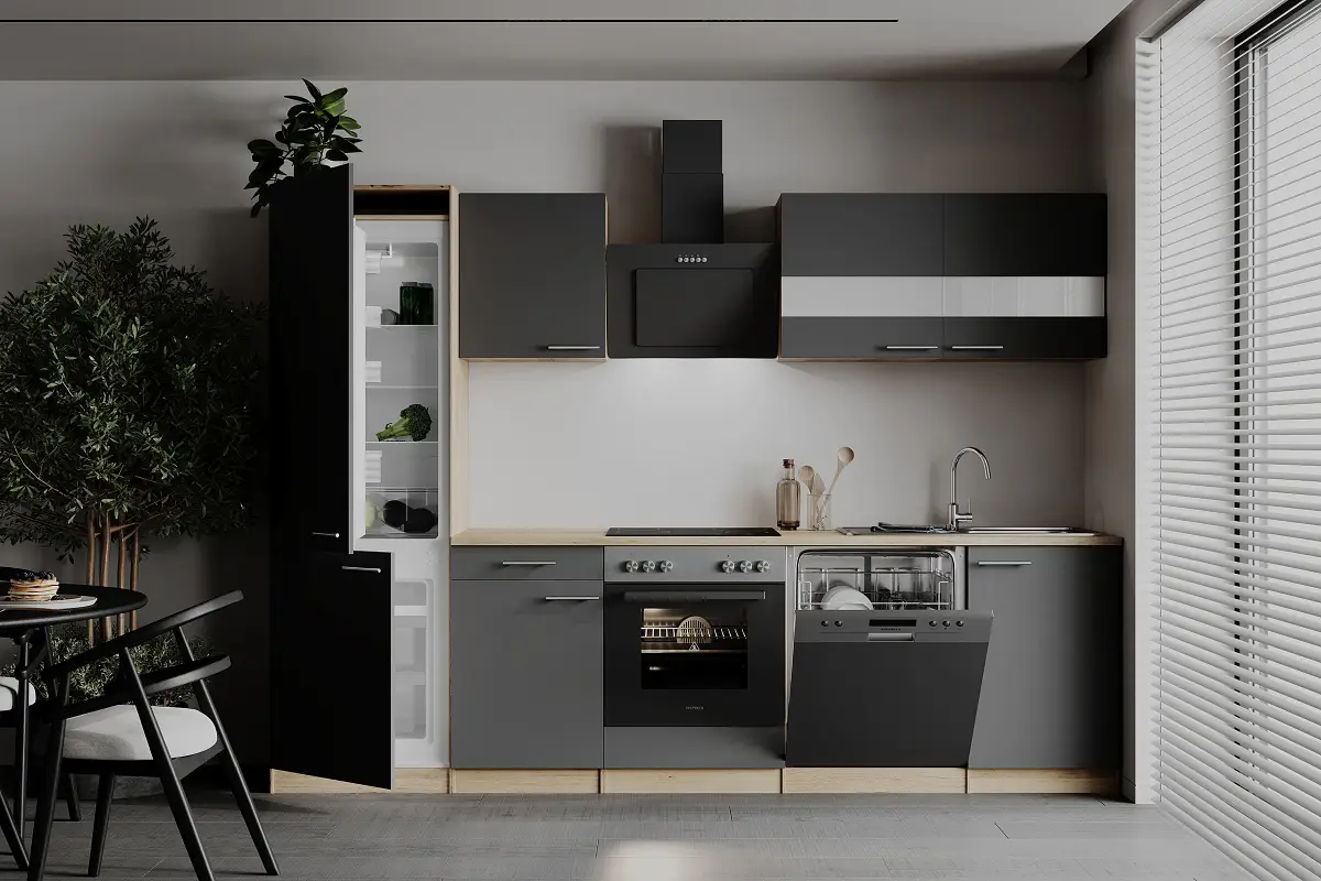 Küchenzeile Merle V 280cm Grau/Grau Glaskeramik mit Elektrogeräten