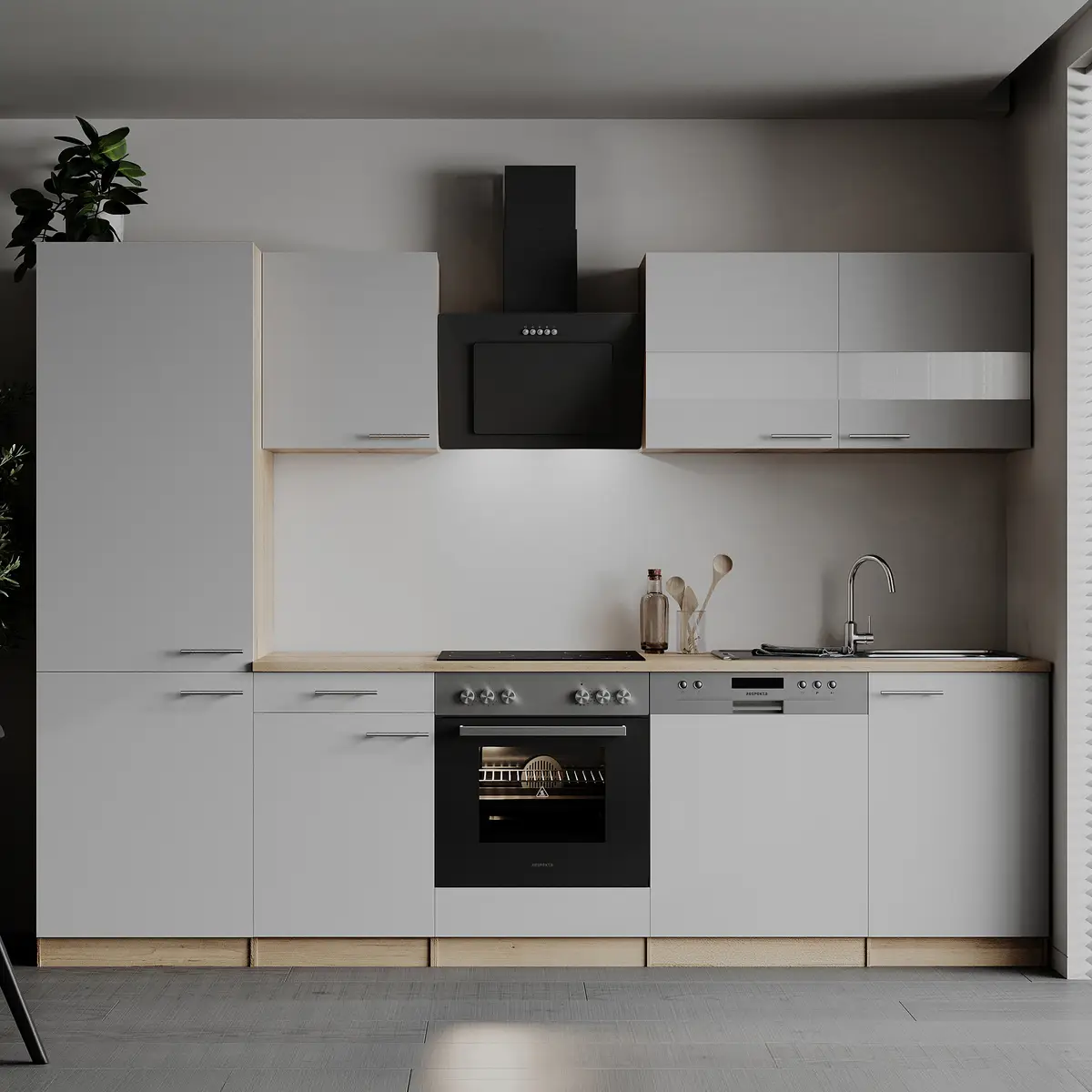Küchenzeile Merle V 280cm Weiß/Weiß Glaskeramik mit Elektrogeräten