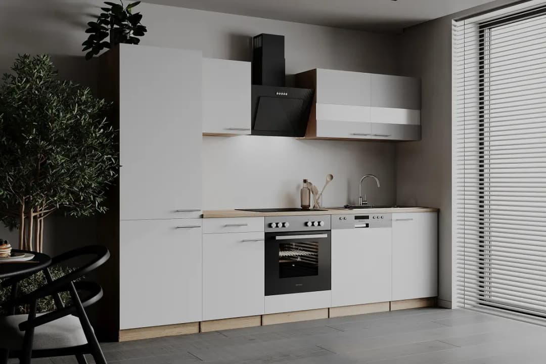 Küchenzeile Merle V 280cm Weiß/Weiß Glaskeramik mit Elektrogeräten