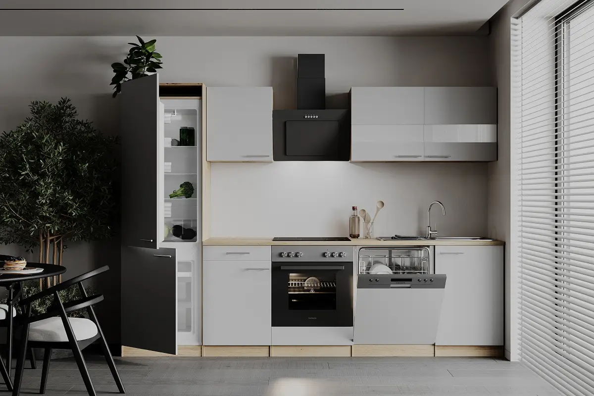 Küchenzeile Merle V 280cm Weiß/Weiß Glaskeramik mit Elektrogeräten