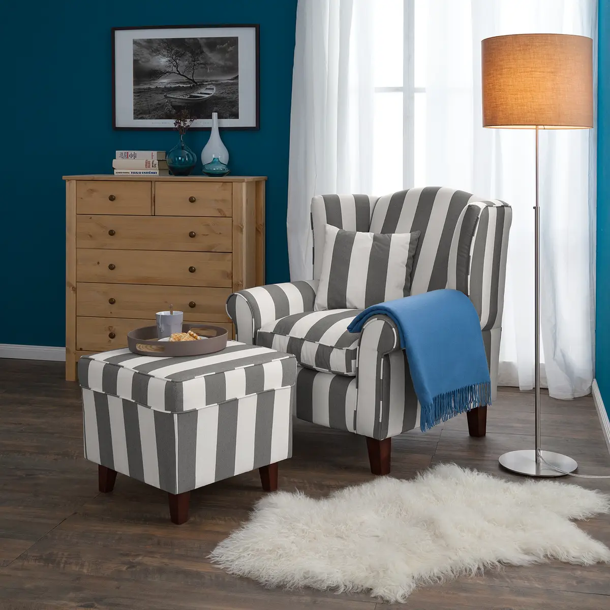 Sessel Grau/Grau Webstoff mit Hocker | Grau