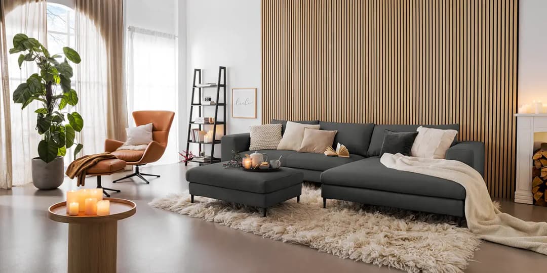 Ecksofa mit Longchair Grau/Dunkelgrau Webstoff Caya | Grau