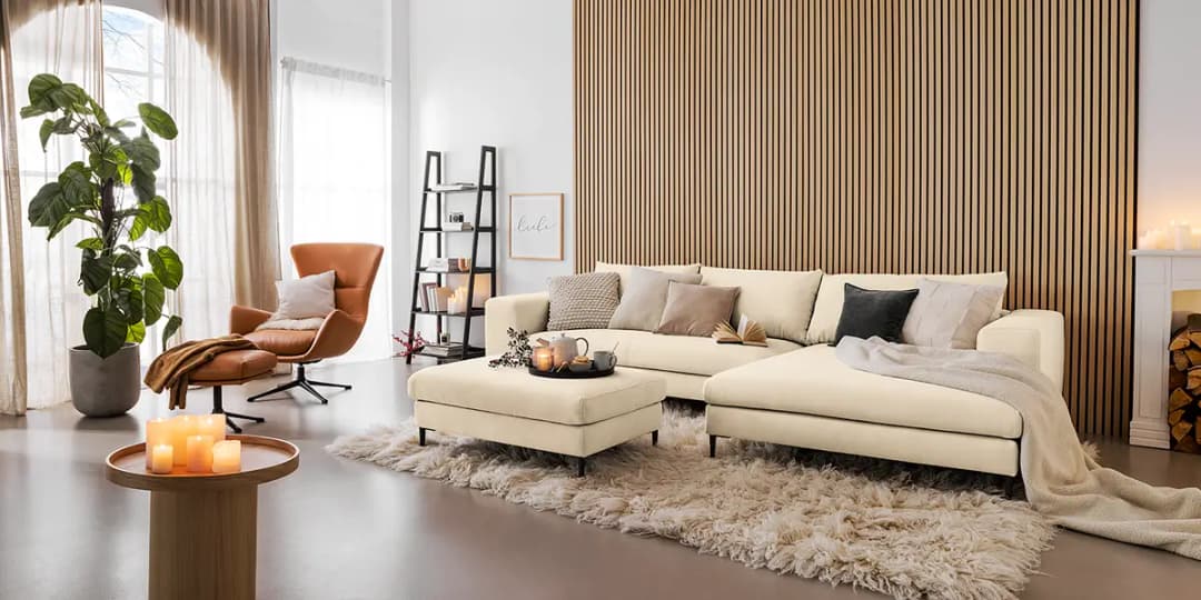 Ecksofa mit Longchair Beige/Hellbeige Webstoff Caya | Beige