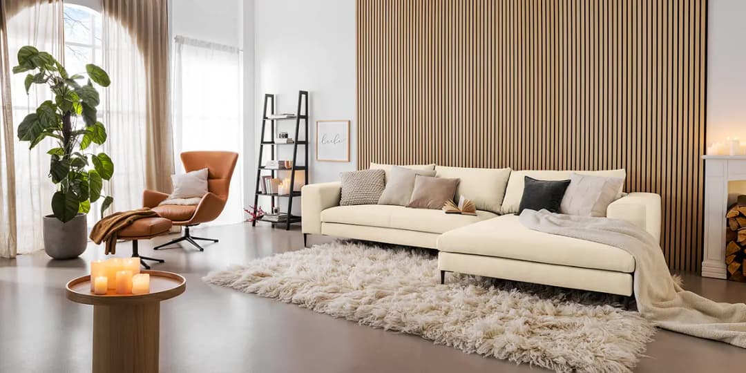 Ecksofa mit Longchair Beige/Hellbeige Webstoff Caya | Beige