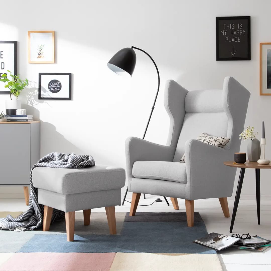 Ohrensessel Filz Grau/Kies mit Hocker | Grau