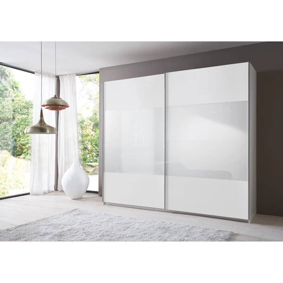 Schwebetürenschrank I 225 x 210cm Weiß/Polarweiß/Weißglas