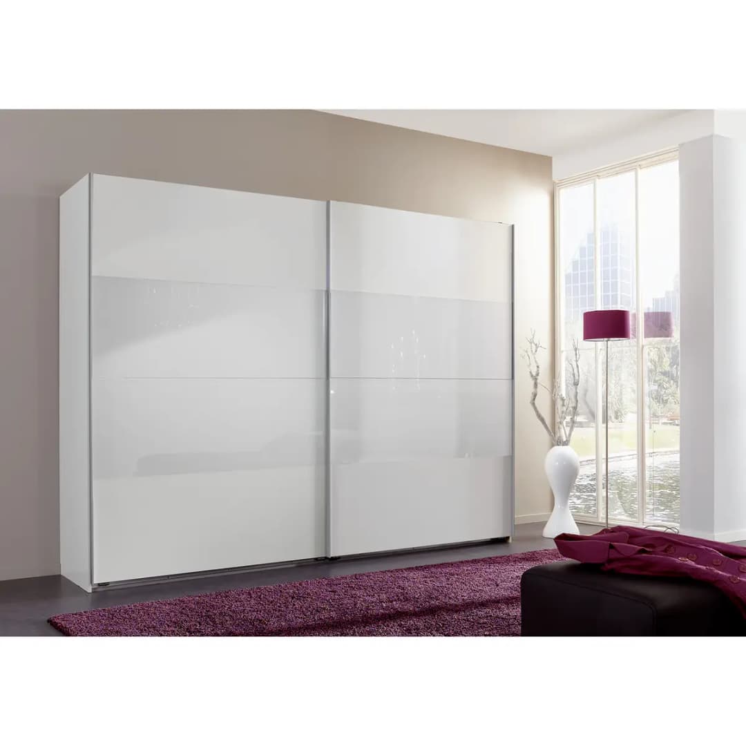 Schwebetürenschrank I 225 x 210cm Weiß/Polarweiß/Weißglas
