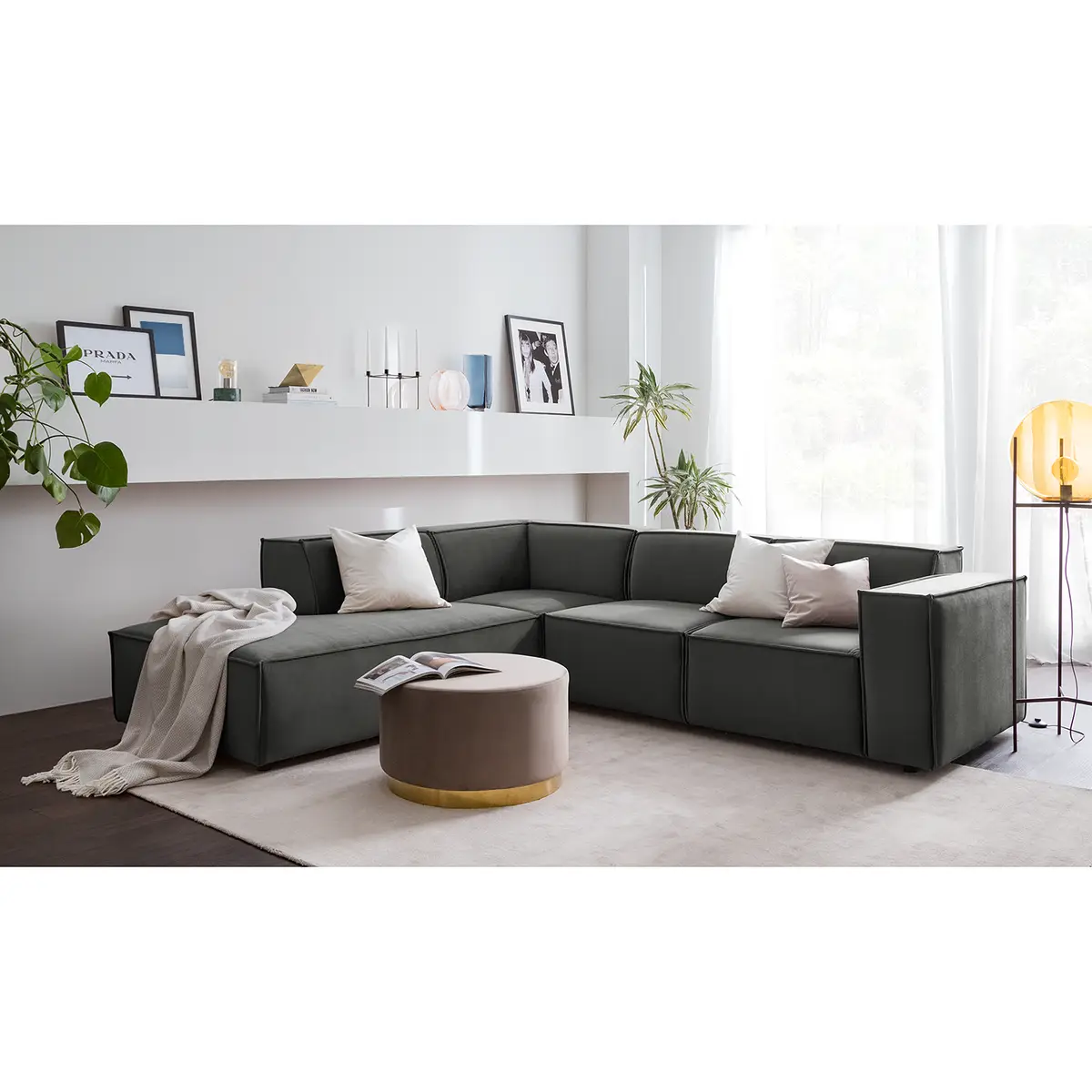 Ecksofa mit Ottomane Grau/Grau Samt Shyla | Grün
