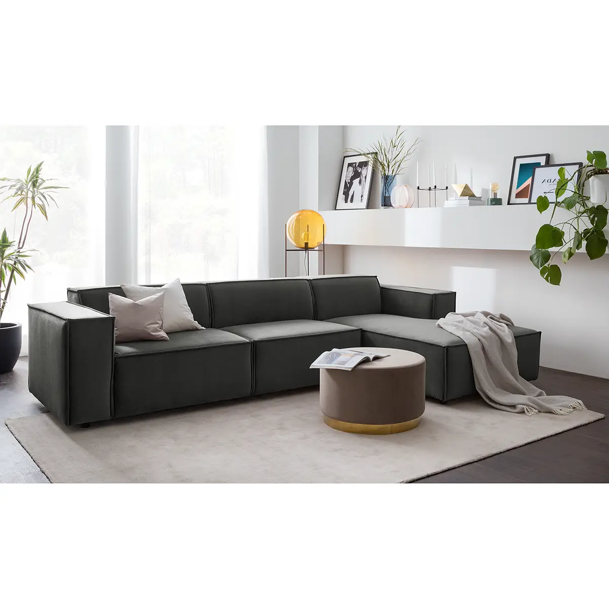 Ecksofa mit Longchair Grau/Grau Samt Shyla | Grau